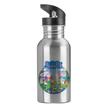 Peppa pig Family, Water bottle Silver with straw, stainless steel 600ml