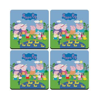 Peppa pig Family, ΣΕΤ 4 Σουβέρ ξύλινα τετράγωνα (9cm)