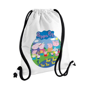 Peppa pig Family, Backpack pouch GYMBAG white, with pocket (40x48cm) & thick cords