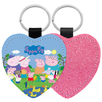 Peppa pig Family, Μπρελόκ PU δερμάτινο glitter καρδιά ΡΟΖ