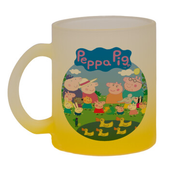Peppa pig Family, Κούπα γυάλινη δίχρωμη με βάση το κίτρινο ματ, 330ml
