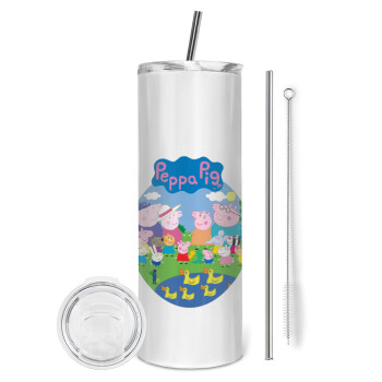 Peppa pig Family, Eco friendly ποτήρι θερμό (tumbler) από ανοξείδωτο ατσάλι 600ml, με μεταλλικό καλαμάκι & βούρτσα καθαρισμού