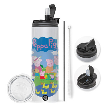 Peppa pig Family, Travel Tumbler 2 Lids, with metal straw & cleaning brush (Stainless steel 304 Food grade, BPA free, 600ml)