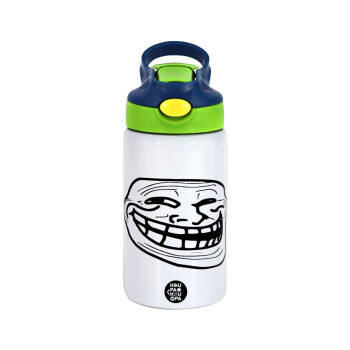 Troll face, Children's hot water bottle, stainless steel, with safety straw, green, blue (350ml)