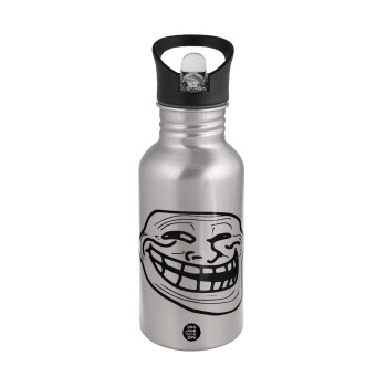 Troll face, Water bottle Silver with straw, stainless steel 500ml
