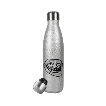 Troll face, Metallic Glitter Silver Thermos Flask (Stainless steel), double-walled, 500ml