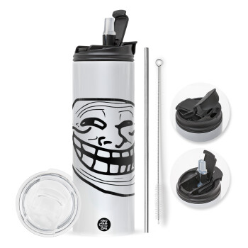 Troll face, Travel Tumbler θερμό με διπλό καπάκι, μεταλλικό καλαμάκι και βούρτσα καθαρισμού (Ανωξείδωτο 304 Food grade, BPA free, 600ml)