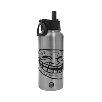 Troll face, Metal mug thermo Silver with Straw and Spout Lid (Stainless steel), double wall, 950ml