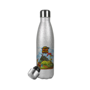 Dinosaur's world, Metallic Glitter Silver Thermos Flask (Stainless steel), double-walled, 500ml