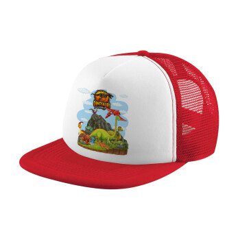 Dinosaur's world, Adult Soft Trucker Hat with Red/White Mesh (POLYESTER, ADULT, UNISEX, ONE SIZE)