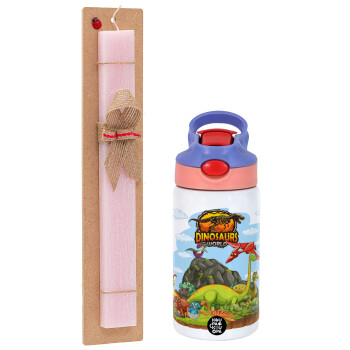 Dinosaur's world, Easter Set, Children's thermal stainless steel water bottle with safety straw, pink/purple (350ml) & Easter scented flat candle (30cm) (PINK)