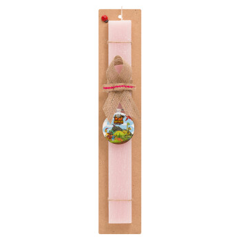 Dinosaur's world, Easter Set, wooden keychain & scented flat Easter candle (30cm) (PINK)