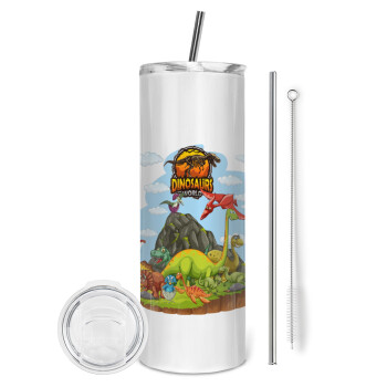 Dinosaur's world, Eco friendly ποτήρι θερμό (tumbler) από ανοξείδωτο ατσάλι 600ml, με μεταλλικό καλαμάκι & βούρτσα καθαρισμού