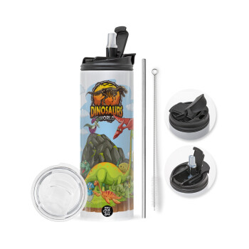 Dinosaur's world, Travel Tumbler θερμό με διπλό καπάκι, μεταλλικό καλαμάκι και βούρτσα καθαρισμού (Ανωξείδωτο 304 Food grade, BPA free, 600ml)