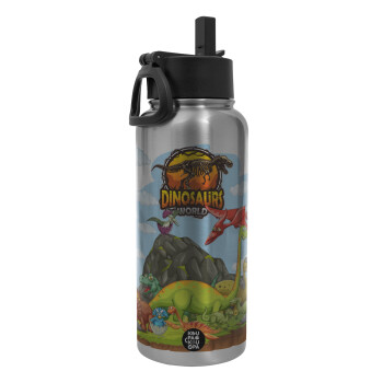 Dinosaur's world, Metal mug thermo Silver with Straw and Spout Lid (Stainless steel), double wall, 950ml