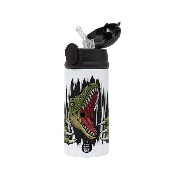 Dinosaur scratch, Children's hot water bottle, stainless steel, with safety straw, Black (360ml) BPA-FREE