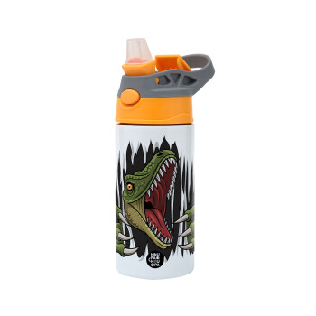 Dinosaur scratch, Children's hot water bottle, stainless steel, with safety straw, Orange/Grey (360ml) BPA-FREE