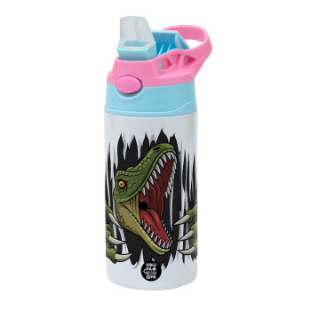 Dinosaur scratch, Children's hot water bottle, stainless steel, with safety straw, Pink/BlueCiel (360ml) BPA FREE