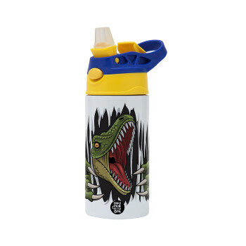 Dinosaur scratch, Children's hot water bottle, stainless steel, with safety straw, green, blue (360ml) BPA FREE