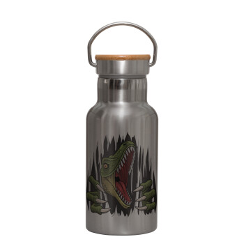 Dinosaur scratch, Stainless steel metallic thermos flask, silver with a bamboo lid, double-walled, 350ml.