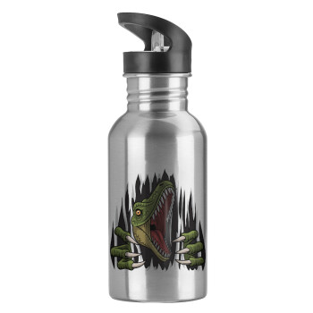Dinosaur scratch, Water bottle Silver with straw, stainless steel 600ml