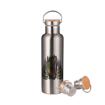 Dinosaur scratch, Stainless steel Silver with wooden lid (bamboo), double wall, 750ml