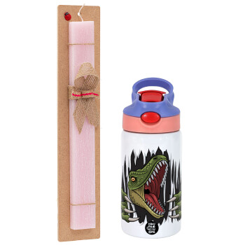 Dinosaur scratch, Easter Set, Children's thermal stainless steel water bottle with safety straw, pink/purple (350ml) & Easter scented flat candle (30cm) (PINK)