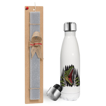 Dinosaur scratch, Easter candle, metallic white thermos bottle (500ml) & aromatic flat candle (30cm) (GRAY)