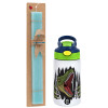 Easter Set, Children's thermal stainless steel bottle with safety straw, green/blue (350ml) & aromatic flat Easter candle (30cm) (TURQUOISE)