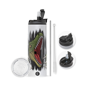 Dinosaur scratch, Travel Tumbler θερμό με διπλό καπάκι, μεταλλικό καλαμάκι και βούρτσα καθαρισμού (Ανωξείδωτο 304 Food grade, BPA free, 600ml)