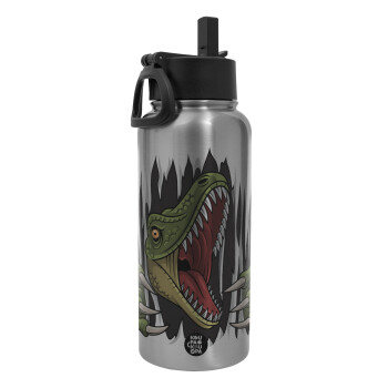 Dinosaur scratch, Metal mug thermo Silver with Straw and Spout Lid (Stainless steel), double wall, 950ml