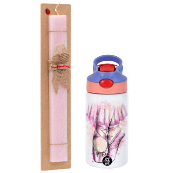 Ballerina shoes, Easter Set, Children's thermal stainless steel water bottle with safety straw, pink/purple (350ml) & Easter scented flat candle (30cm) (PINK)