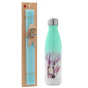 Easter Set, Metallic green/white thermos (Stainless steel), double-walled, 500ml & scented flat Easter candle (30cm) (TURQUOISE)