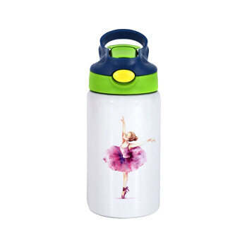 Ballerina watercolor, Children's hot water bottle, stainless steel, with safety straw, green, blue (350ml)