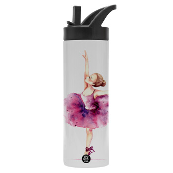 Ballerina watercolor, Metallic thermos bottle with straw & handle, stainless steel (Stainless steel 304), double-walled, 600ml.