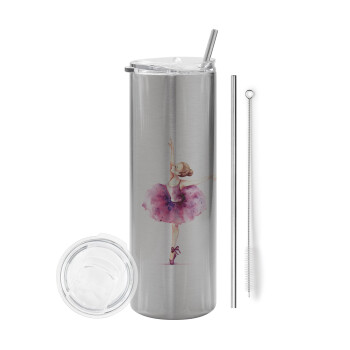 Ballerina watercolor, Eco friendly stainless steel Silver tumbler 600ml, with metal straw & cleaning brush