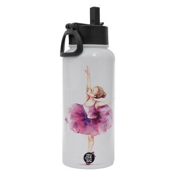 Ballerina watercolor, Metal mug thermo White with Straw and Spout Lid (Stainless steel), double wall, 950ml