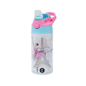 Ballerina in Paris, Children's hot water bottle, stainless steel, with safety straw, Pink/BlueCiel (360ml) BPA FREE