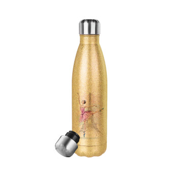 Ballerina in Paris, Glitter gold stainless steel thermos bottle, double-walled, 500ml