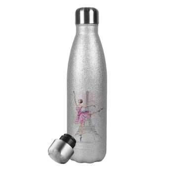 Ballerina in Paris, Metallic Glitter Silver Thermos Flask (Stainless steel), double-walled, 500ml