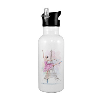Ballerina in Paris, Παγούρι νερού Λευκό με καλαμάκι, ανοξείδωτο ατσάλι 600ml