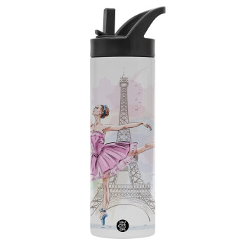 Ballerina in Paris, Metallic thermos bottle with straw & handle, stainless steel (Stainless steel 304), double-walled, 600ml.