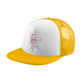 Ballerina in Paris, Adult Soft Trucker Hat with Yellow/White Mesh (POLYESTER, ADULT, UNISEX, ONE SIZE)