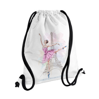 Ballerina in Paris, Τσάντα πλάτης πουγκί GYMBAG λευκή, με τσέπη (40x48cm) & χονδρά κορδόνια