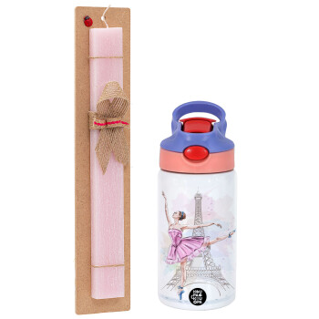 Ballerina in Paris, Easter Set, Children's thermal stainless steel water bottle with safety straw, pink/purple (350ml) & Easter scented flat candle (30cm) (PINK)