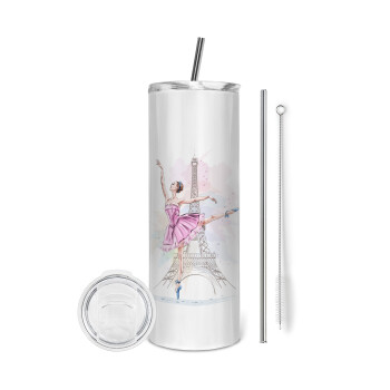 Ballerina in Paris, Eco friendly ποτήρι θερμό (tumbler) από ανοξείδωτο ατσάλι 600ml, με μεταλλικό καλαμάκι & βούρτσα καθαρισμού