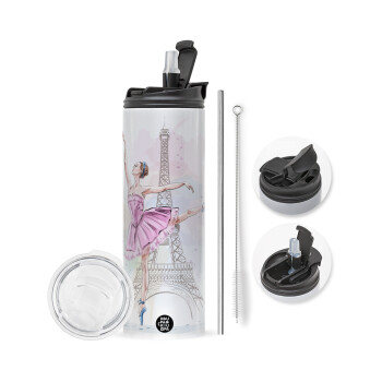 Ballerina in Paris, Travel Tumbler 2 Lids, with metal straw & cleaning brush (Stainless steel 304 Food grade, BPA free, 600ml)