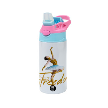 Gold Dancer, Children's hot water bottle, stainless steel, with safety straw, Pink/BlueCiel (360ml) BPA FREE