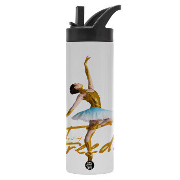 Gold Dancer, Metallic thermos bottle with straw & handle, stainless steel (Stainless steel 304), double-walled, 600ml.