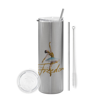 Gold Dancer, Eco friendly ποτήρι θερμό Ασημένιο (tumbler) από ανοξείδωτο ατσάλι 600ml, με μεταλλικό καλαμάκι & βούρτσα καθαρισμού